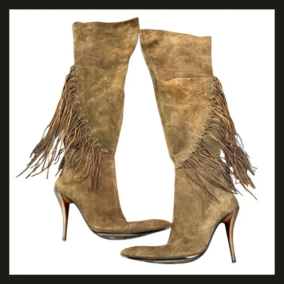 Gianmarco Lorenzi Suede Fringe Over-the-Knee Zipper High Heel Boots Size 39 EUC - Picture 12 of 16